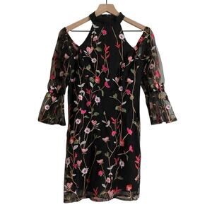 Guess Black Embroidered Floral Open Shoulder High Neck Bell Sleeves Mini Dress